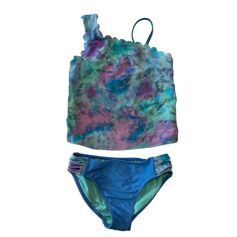 Wonder Nation Girls Mermaid Tie Dye Tankini Set Blue Purple Silver Foil 6-6X‎